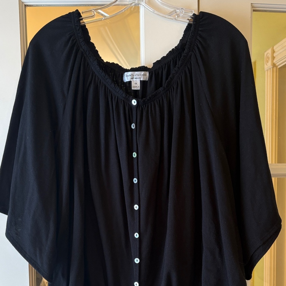 Not for Sale 1X Black Button-Down Blouse elastic neck short sleeves top shirt